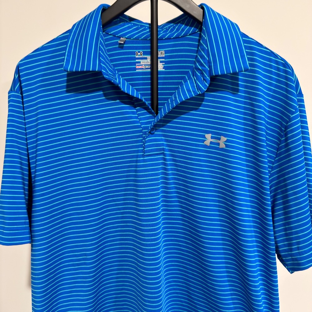 Under Armour Mens XL HeatGear Blue Teal Striped Loose Fit Golf Polo Shirt - Picture 2 of 8